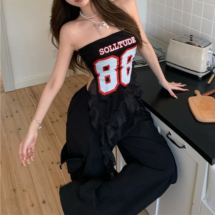 Leg Numbering Waist Top High Pants Wide Tube / Ruffled FashionChic