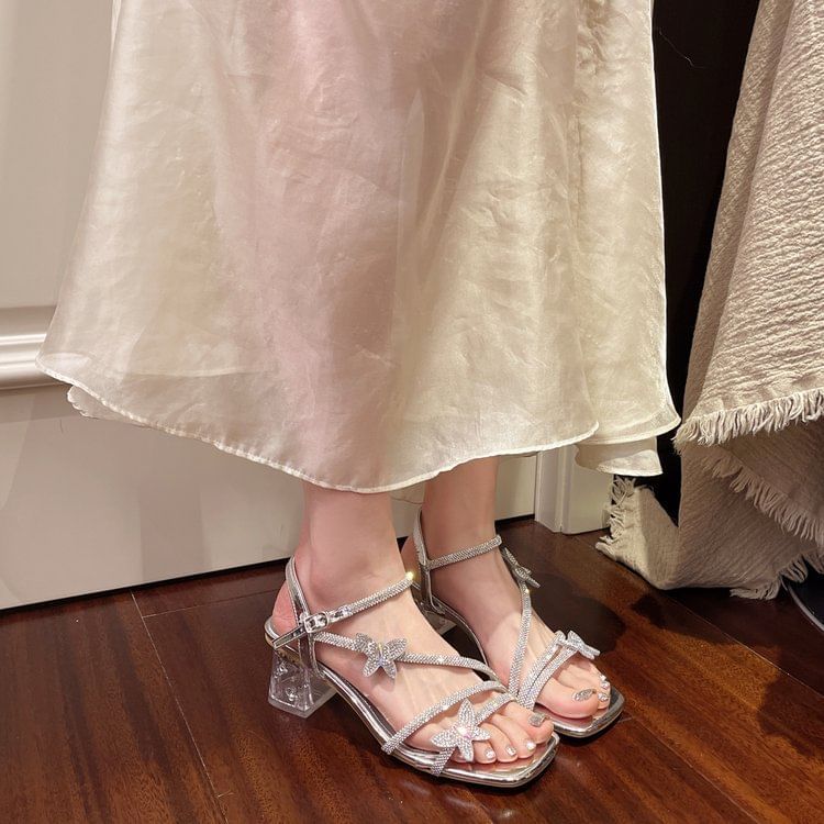 Strap Square Ankle Rhinestone Butterfly Toe Heel Sandals Chunky FashionChic