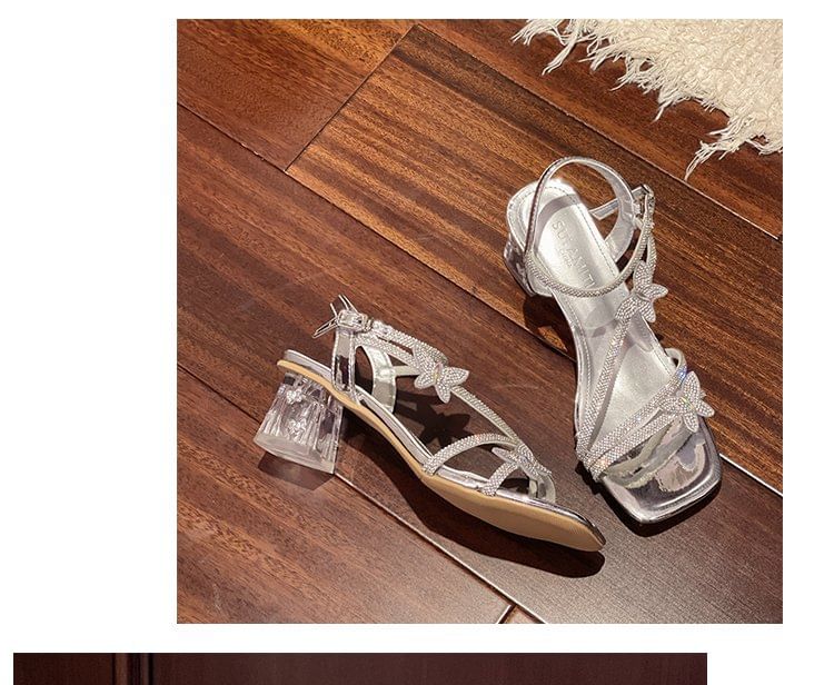 Strap Square Ankle Rhinestone Butterfly Toe Heel Sandals Chunky FashionChic