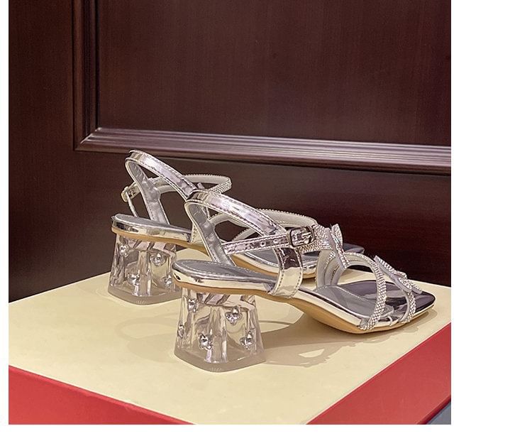 Strap Square Ankle Rhinestone Butterfly Toe Heel Sandals Chunky FashionChic