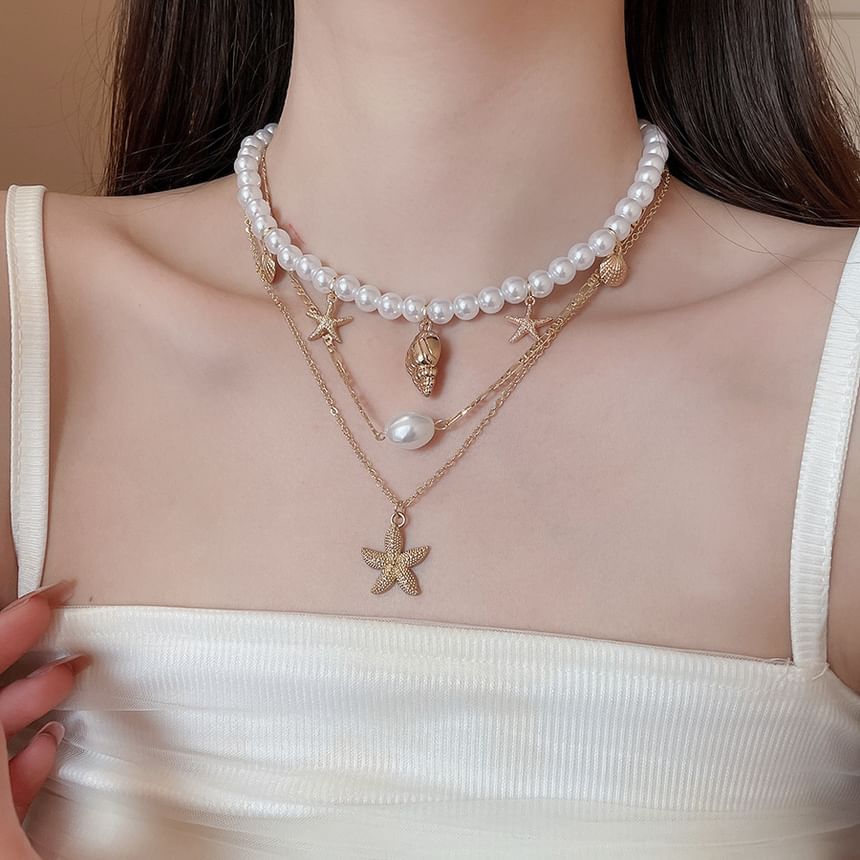 + Set of Faux Alloy Choker 3: Pendant Necklace Starfish Pearl FashionChic