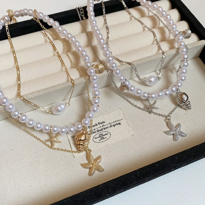 + Set of Faux Alloy Choker 3: Pendant Necklace Starfish Pearl FashionChic