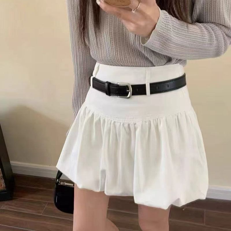 + High Set: A-Line Belt Hem Mini Plain Skirt Rise Bubble FashionChic
