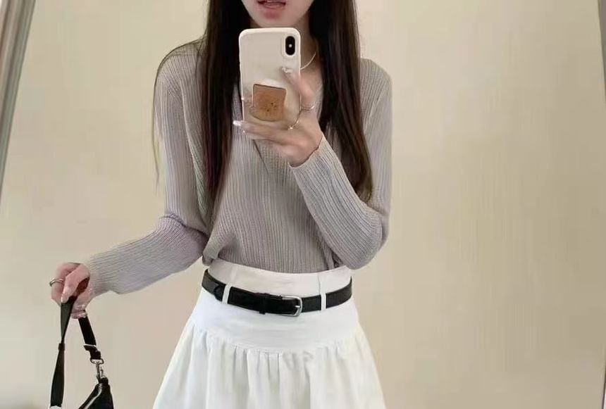 + High Set: A-Line Belt Hem Mini Plain Skirt Rise Bubble FashionChic