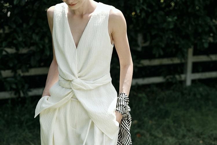 Plain Top Tank Slit Wide Rise / Pants Knot Leg High V-Neck FashionChic