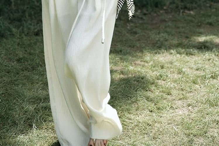 Plain Top Tank Slit Wide Rise / Pants Knot Leg High V-Neck FashionChic