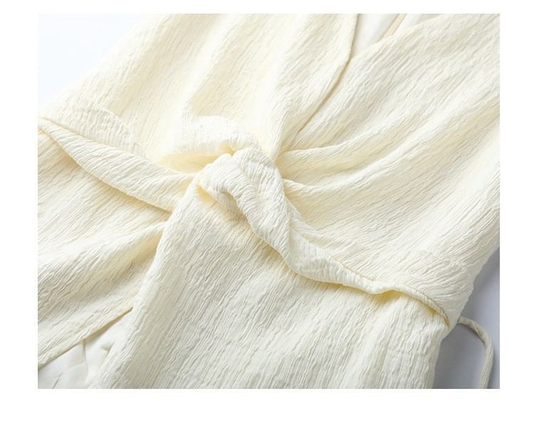 Plain Top Tank Slit Wide Rise / Pants Knot Leg High V-Neck FashionChic