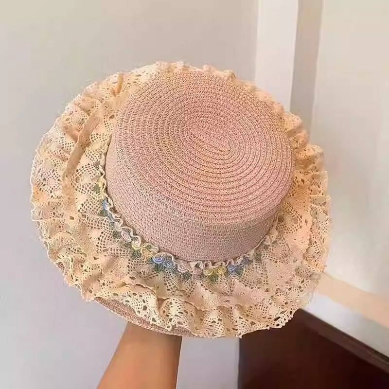 Lace Trim Floral Straw Hat