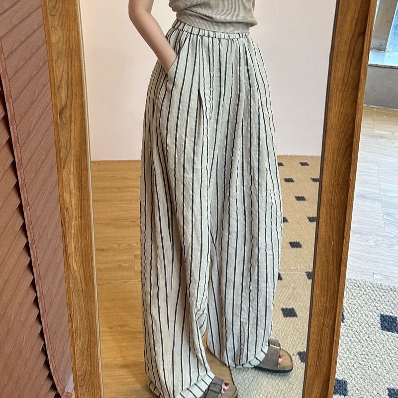 Plain High Striped Waist Wide Pants Leg FashionChic