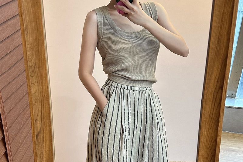 Plain High Striped Waist Wide Pants Leg FashionChic
