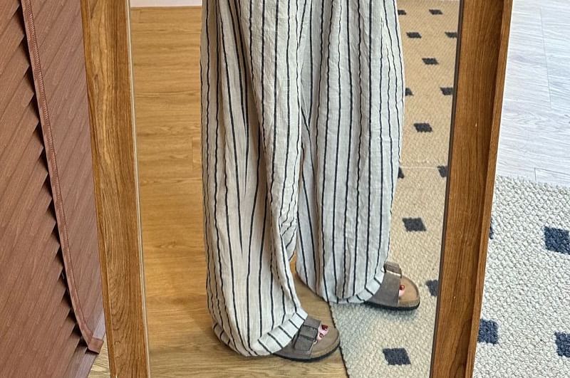 Plain High Striped Waist Wide Pants Leg FashionChic