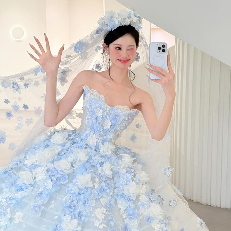 Strapless Flower Accent Lace Trim Ball Gown FashionChic