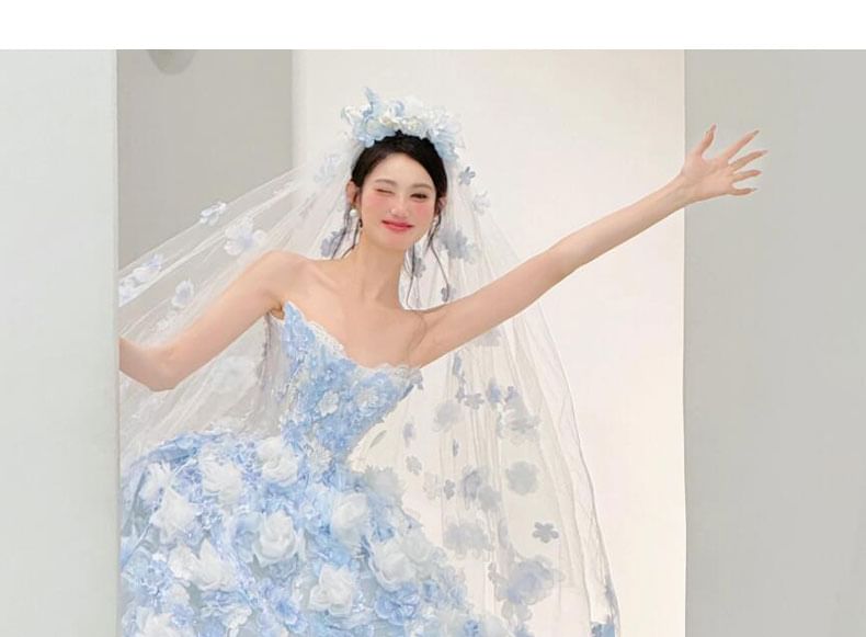 Strapless Flower Accent Lace Trim Ball Gown FashionChic