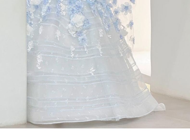 Strapless Flower Accent Lace Trim Ball Gown FashionChic