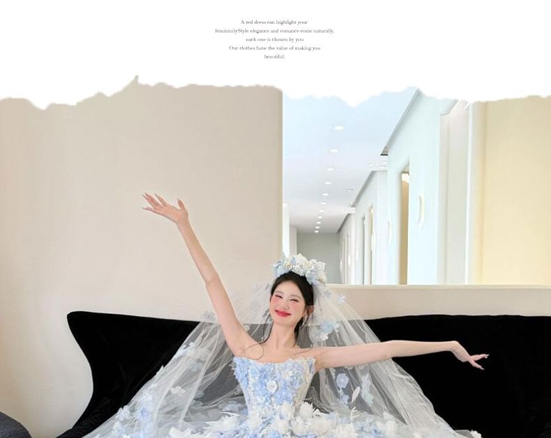 Strapless Flower Accent Lace Trim Ball Gown FashionChic