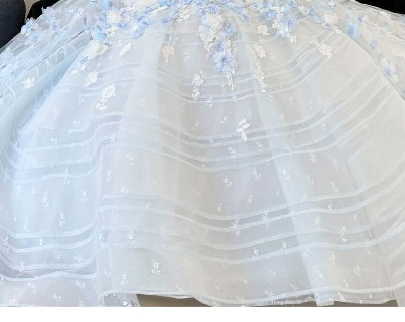 Strapless Flower Accent Lace Trim Ball Gown FashionChic