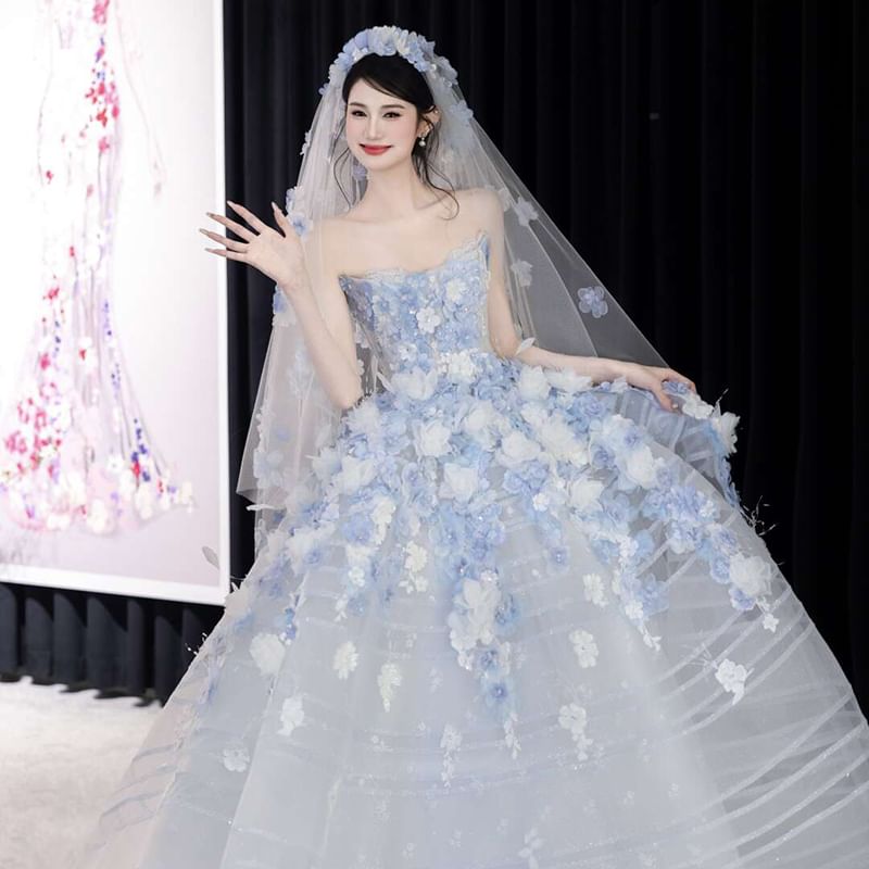 Strapless Flower Accent Lace Trim Ball Gown FashionChic