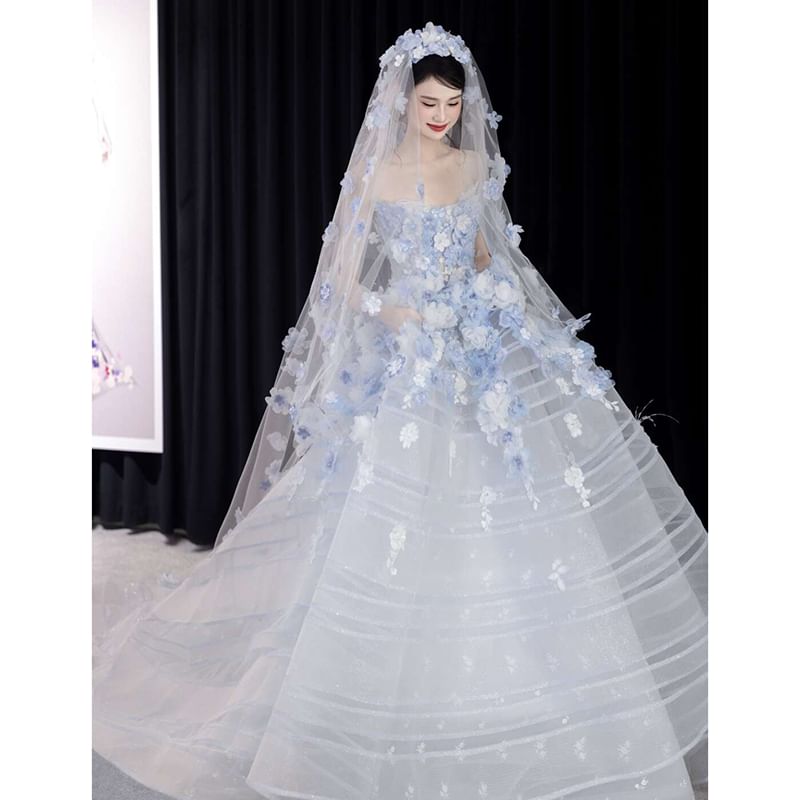 Strapless Flower Accent Lace Trim Ball Gown FashionChic