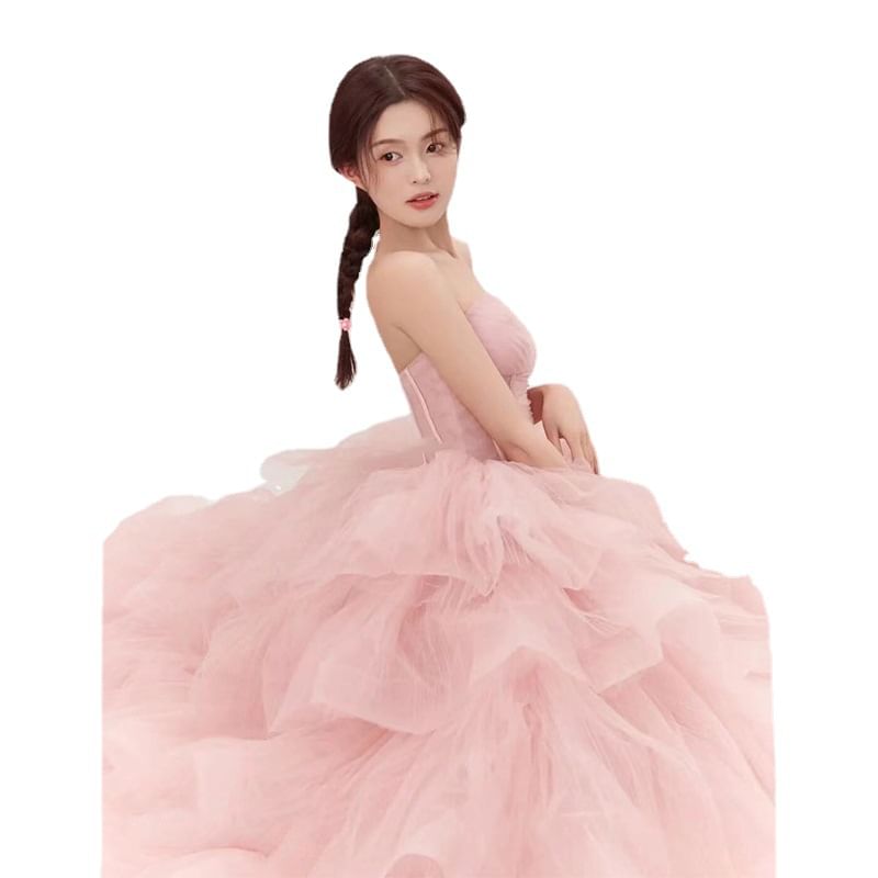 Strapless Plain Tiered Wedding Gown FashionChic