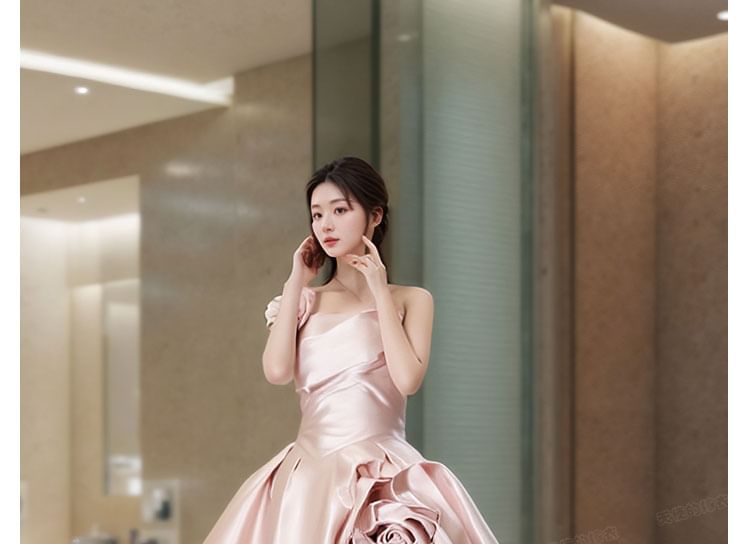 Strapless Ball Plain Gown Detail Flower Wedding FashionChic