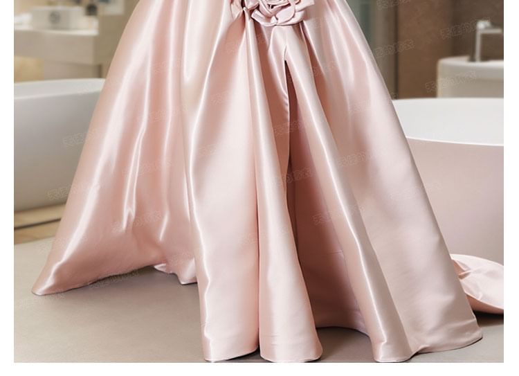 Strapless Ball Plain Gown Detail Flower Wedding FashionChic