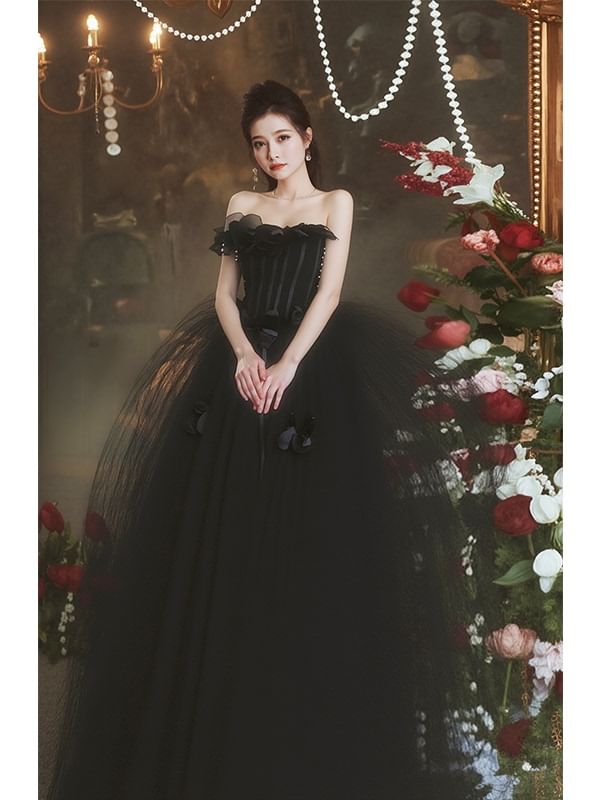 Strapless Gown Detail A-Line Flower Plain Evening FashionChic