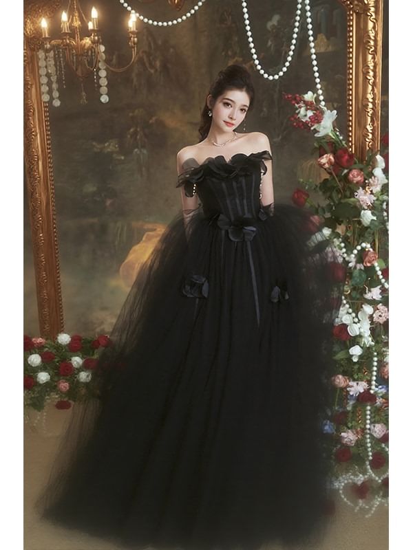 Strapless Gown Detail A-Line Flower Plain Evening FashionChic