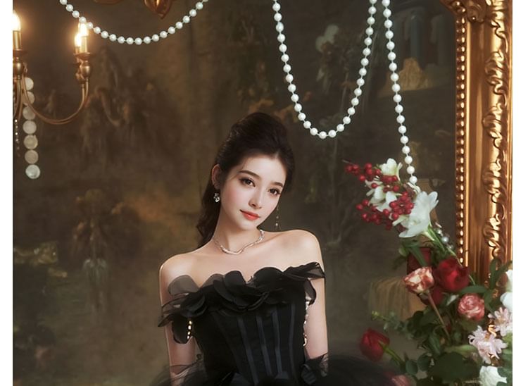 Strapless Gown Detail A-Line Flower Plain Evening FashionChic