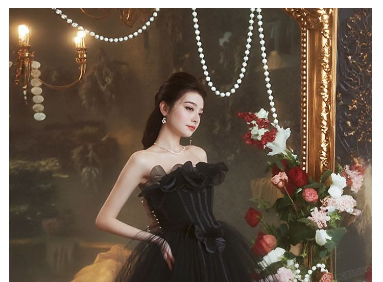 Strapless Gown Detail A-Line Flower Plain Evening FashionChic