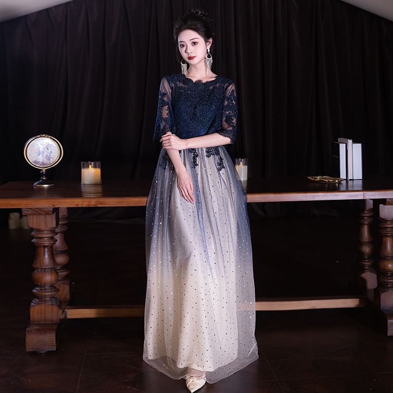 (Various Lace / Designs) Round Gown Neck Short-Sleeve Cocktail Gradient Dress Evening Panel FashionChic