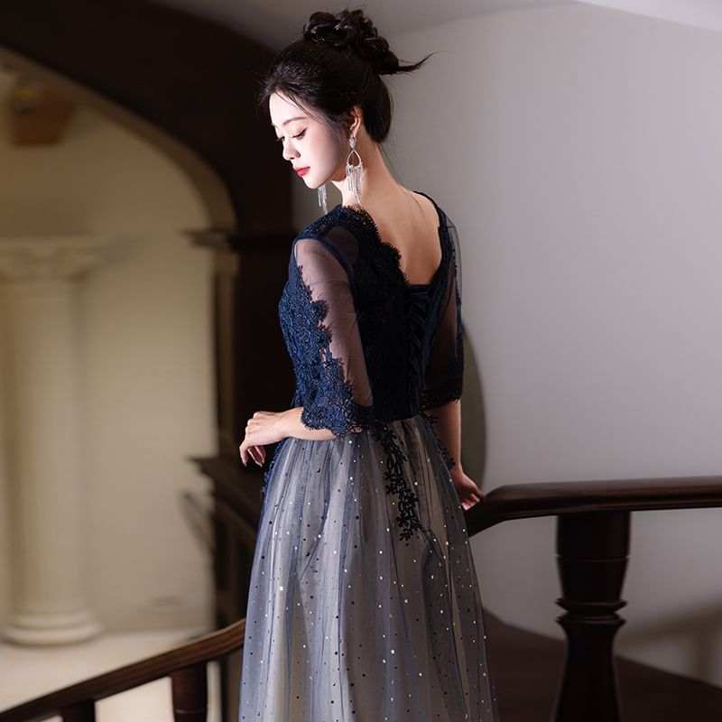 (Various Lace / Designs) Round Gown Neck Short-Sleeve Cocktail Gradient Dress Evening Panel FashionChic