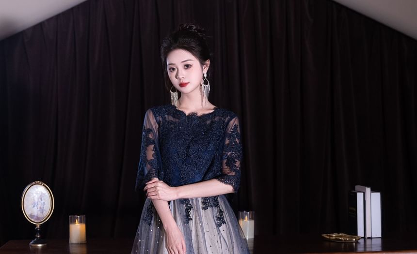 (Various Lace / Designs) Round Gown Neck Short-Sleeve Cocktail Gradient Dress Evening Panel FashionChic