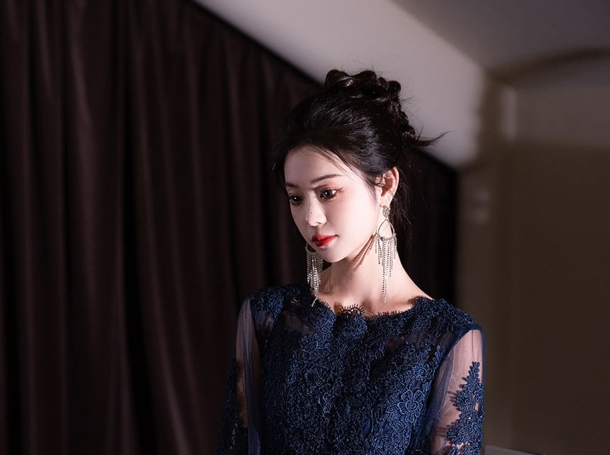 (Various Lace / Designs) Round Gown Neck Short-Sleeve Cocktail Gradient Dress Evening Panel FashionChic