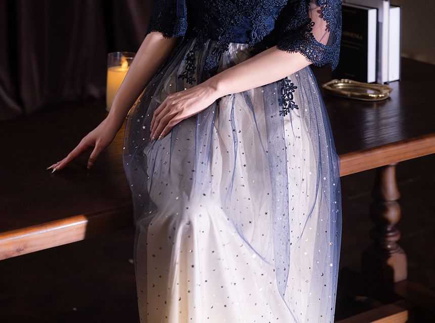 (Various Lace / Designs) Round Gown Neck Short-Sleeve Cocktail Gradient Dress Evening Panel FashionChic