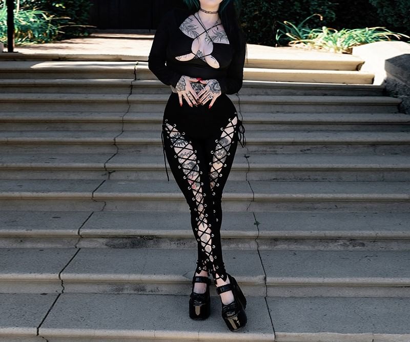 High Waist Plain Grommet Cutout Lace-Up Skinny Pants FashionChic