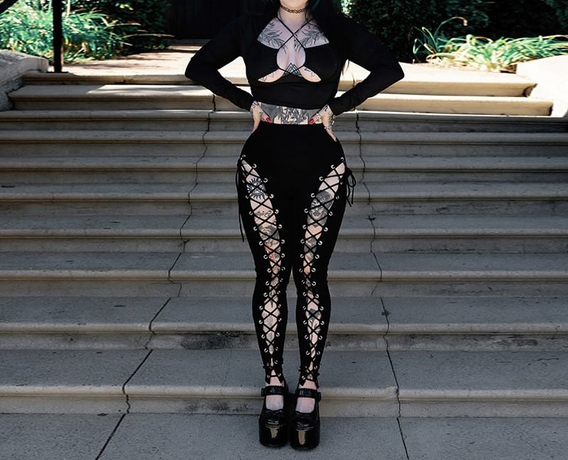 High Waist Plain Grommet Cutout Lace-Up Skinny Pants FashionChic