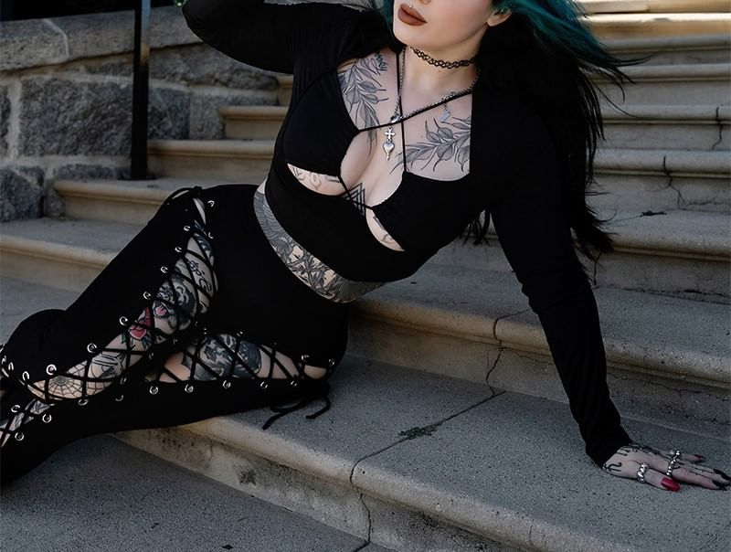 High Waist Plain Grommet Cutout Lace-Up Skinny Pants FashionChic