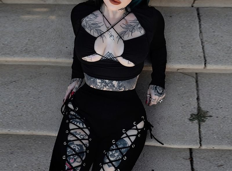 High Waist Plain Grommet Cutout Lace-Up Skinny Pants FashionChic