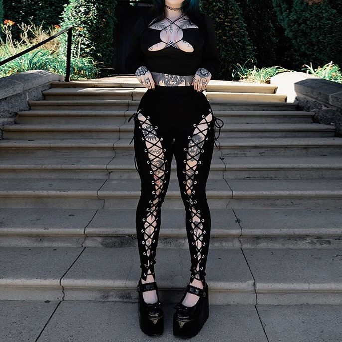 High Waist Plain Grommet Cutout Lace-Up Skinny Pants FashionChic