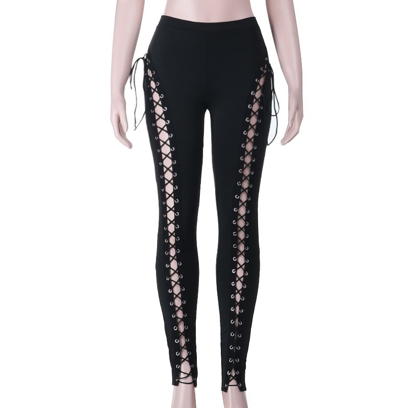 High Waist Plain Grommet Cutout Lace-Up Skinny Pants FashionChic
