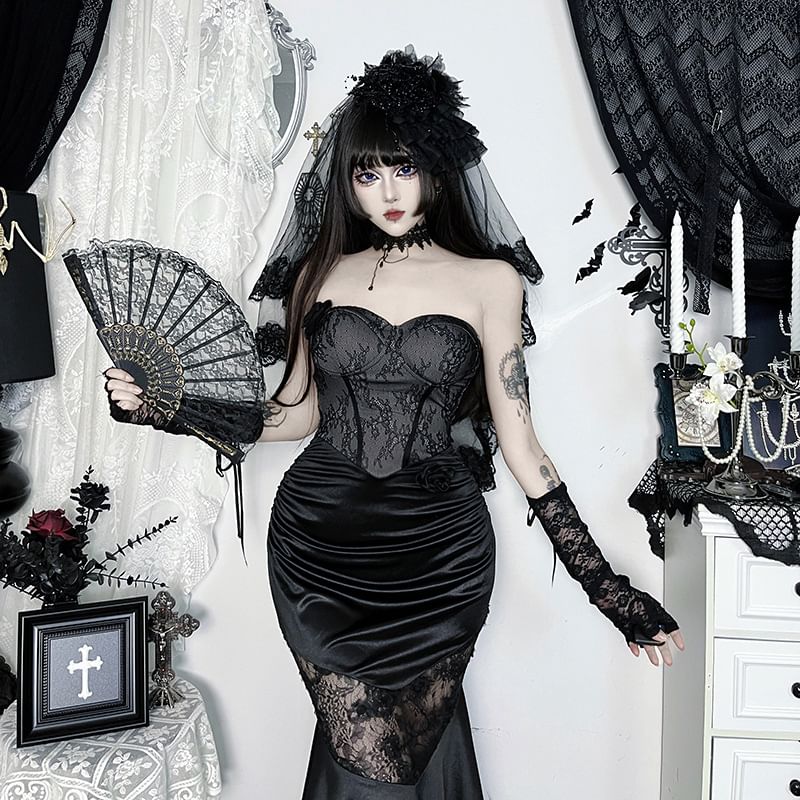 Strapless Lace Panel Mermaid Evening Gown FashionChic