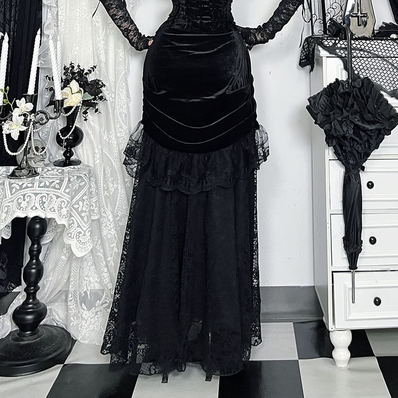 High Waist Lace Ruffle Velvet Shirred Midi Mermaid Skirt FashionChic