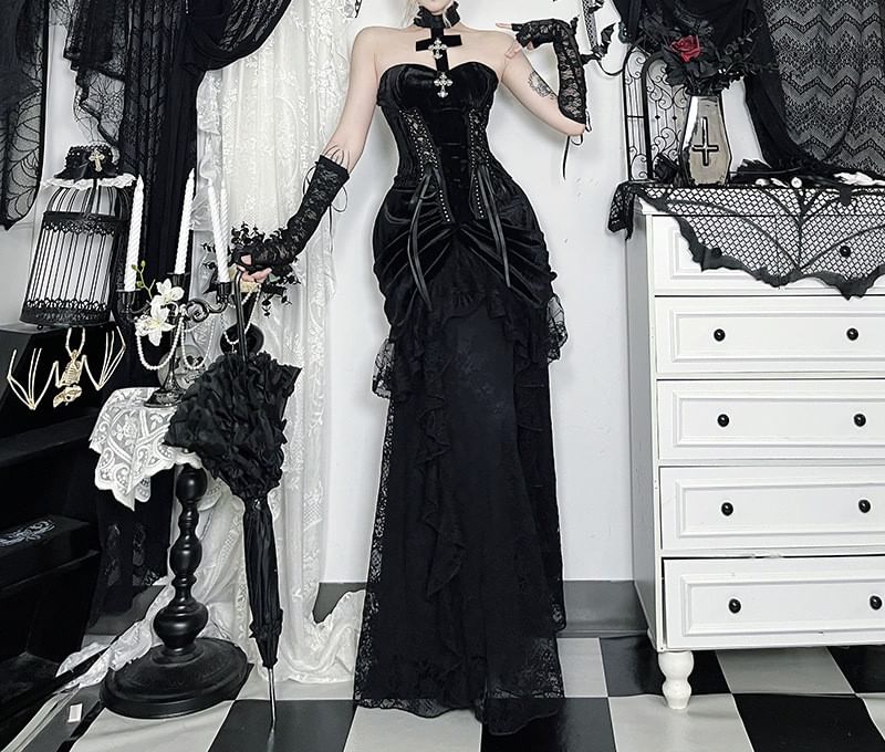 High Waist Lace Ruffle Velvet Shirred Midi Mermaid Skirt FashionChic