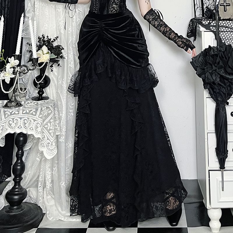 High Waist Lace Ruffle Velvet Shirred Midi Mermaid Skirt FashionChic