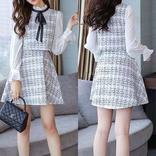 Long Sleeve Ruffled Collar Tweed Mock Two-Piece Dress mySite