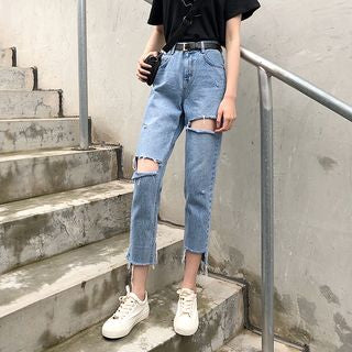 Distressed Cropped Straight Leg Jeans SpreePicky