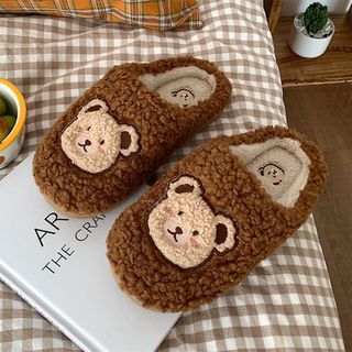 Bear Embroidered Fluffy Home Slippers SpreePicky