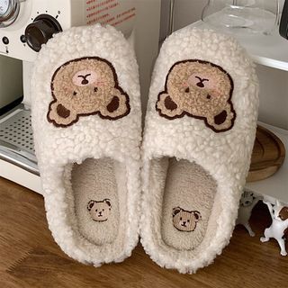 Bear Embroidered Fluffy Home Slippers SpreePicky