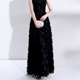 Short-Sleeve Fringed Trim A-Line Evening Gown SpreePicky