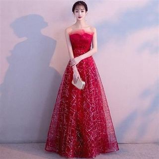 Strapless Evening Gown Mesh Glitter Maxi FashionChic